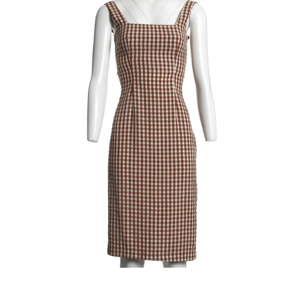 Rouje Elegant Scalloped Square Neck Gingham  Midi Dress, Size 36